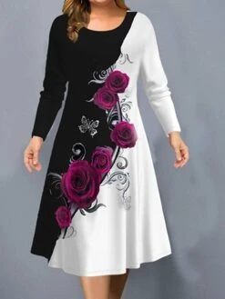 Women‘s Plus Size Curve Work Dress Floral Crew Neck Long Sleeve Winter Fall Fashion Elegant Modern Midi Dress Office Work Dress