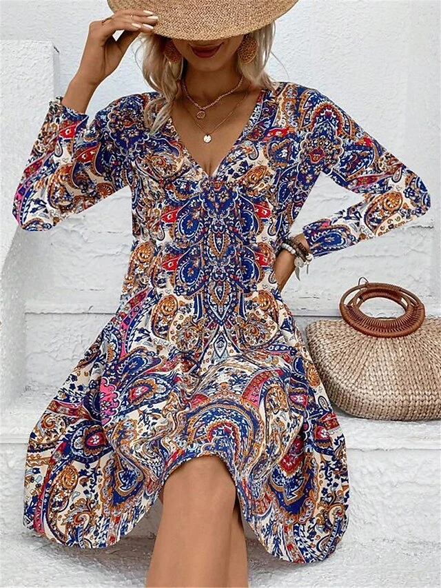 Women's Casual Dress Paisley Dress A Line Dress Floral Paisley Print V Neck Mini Dress Fashion Streetwear Outdoor Daily Long Sleeve Loose Fit Wine Navy Blue Royal Blue Spring Fall S M L XL XXL 2 Women's Casual Dress Paisley Dress A Line Dress Floral Paisley Print V Neck Mini Dress Fashion Streetwear Outdoor Daily Long Sleeve Loose Fit Wine Navy Blue Royal Blue Spring Fall S M L XL XXL - Image 2