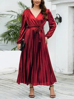 Women's Casual Dress Winter Dress Plain Dress Midi Dress Lace Up Pleated Outdoor Street Daily Fashion Streetwear V Neck Long Sleeve 2023 Loose Fit Yellow Red Purple Color S M L XL XXL Size -Casual Print Dress Sales ctctwm1692868968655