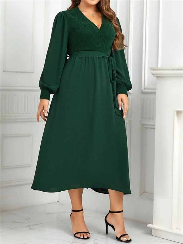 Women's Plus Size Curve Casual Dress Sheath Dress Plain Midi Dress Long Sleeve Lace Up Split V Neck Fashion Outdoor Green Fall Winter XL XXL 3XL 4XL 4 Women's Plus Size Curve Casual Dress Sheath Dress Plain Midi Dress Long Sleeve Lace Up Split V Neck Fashion Outdoor Green Fall Winter XL XXL 3XL 4XL - Image 4