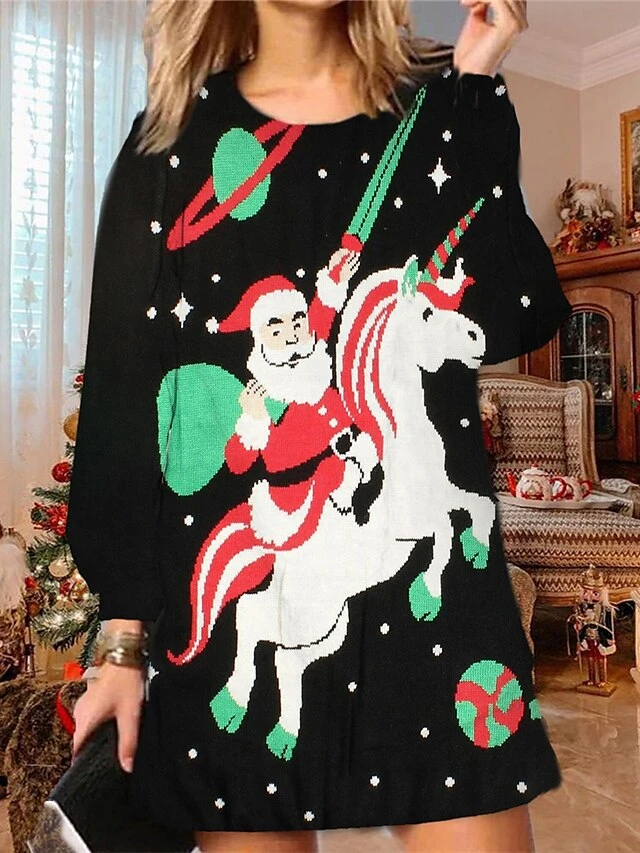 Women's Christmas Ugly Sweatshirt Dress Shift Dress Mini Dress Green Black Red Long Sleeve Santa Claus Print Winter Fall Autumn Fashion Daily 2022 S M L XL XXL 3XL 2 Women's Christmas Ugly Sweatshirt Dress Shift Dress Mini Dress Green Black Red Long Sleeve Santa Claus Print Winter Fall Autumn Fashion Daily 2022 S M L XL XXL 3XL - Image 2