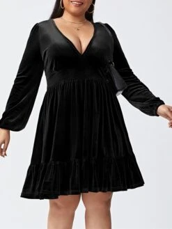 Women‘s Plus Size Curve Party Dress Velvet Dress Cocktail Dress Mini Dress Black Wine Royal Blue Long Sleeve Pure Color Ruched Spring Fall Winter V Neck Fashion Birthday Wedding Guest Vacation 2023 -Casual Print Dress Sales ctoitd1692176735803
