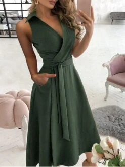 Women's Casual Dress Swing Dress Emerald Green Dress Maxi Long Dress Black Sky Blue Purple Sleeveless Pure Color Lace Up Summer Spring V Neck Stylish 2023 S M L XL XXL