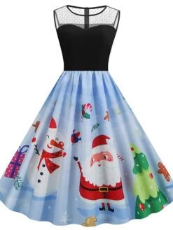 Women's Christmas Casual Dress Swing Dress Midi Dress Blue Royal Blue Dark Blue Light Blue Sleeveless Santa Claus Snowman Mesh Print Winter Fall Crew Neck Vacation Vintage 2022 S M L XL XXL