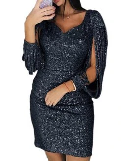 Women‘s Plus Size Curve Party Dress Solid Color V Neck Sequins Long Sleeve Fall Spring Formal Casual Sequins Short Mini Dress Casual Daily Dress Cotton Sequin Dress Homecoming Dress -Casual Print Dress Sales ctwstd1645172205276
