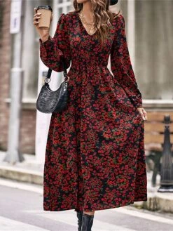 Women's Casual Dress Swing Dress Floral Dress Floral Ditsy Floral Print V Neck Midi Dress Fashion Modern Daily Holiday Long Sleeve Loose Fit Black Spring Fall S M L