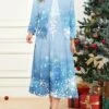 Women's Plus Size Curve Christmas Dress Casual Dress Dress Set Snowflake Midi Dress Long Sleeve Print Crew Neck Fashion Outdoor Blue Fall Winter L XL XXL 3XL 4XL