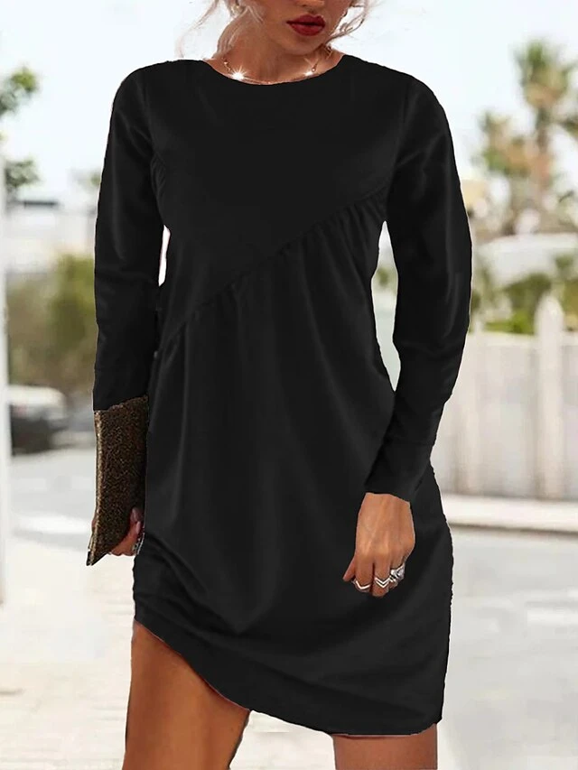 Women's Casual Dress Plain Dress Mini Dress Ruched Outdoor Daily Vacation Fashion Modern Crew Neck Long Sleeve 2023 Loose Fit Black Pink Wine Color S M L XL Size 3 Women's Casual Dress Plain Dress Mini Dress Ruched Outdoor Daily Vacation Fashion Modern Crew Neck Long Sleeve 2023 Loose Fit Black Pink Wine Color S M L XL Size - Image 3