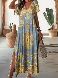 Women's Casual Dress A Line Dress Summer Dress Floral Split Print V Neck Long Dress Maxi Dress Fashion Streetwear Outdoor Daily Short Sleeve Regular Fit Yellow Pink Blue Summer Spring S M L XL XXL -Casual Print Dress Sales cvvzuc1689944915399