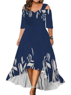 Women‘s Plus Size Curve Party Dress Wedding Guest Dress Swing Dress Long Dress Maxi Dress Pink Blue Green 3/4 Length Sleeve Leaf Cold Shoulder Summer Spring Fall V Neck Fashion Birthday Wedding Guest -Casual Print Dress Sales cvwpsb1690280984176
