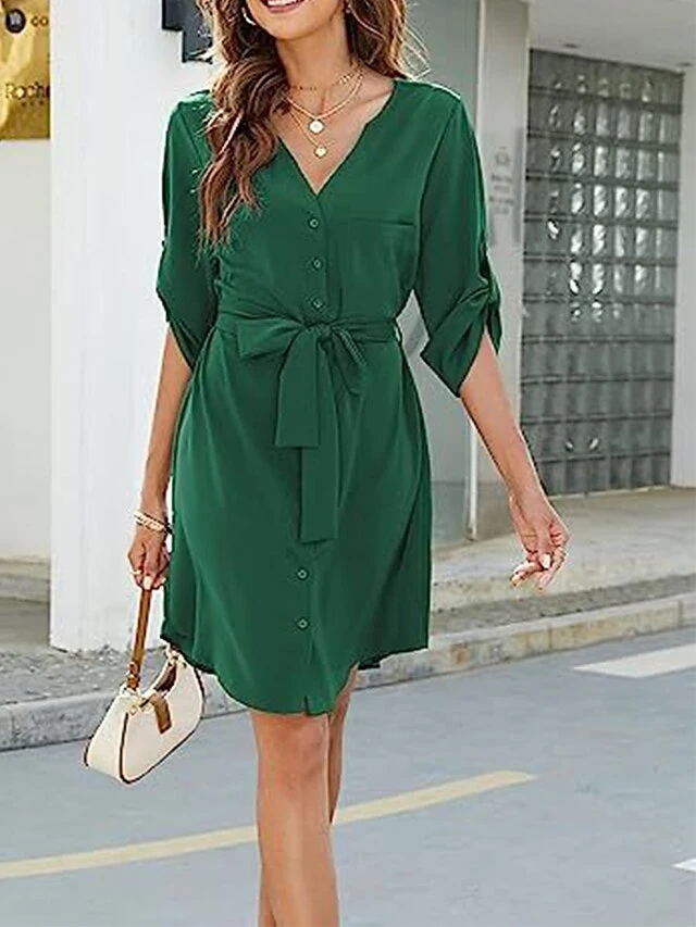 Women's Shirt Dress Casual Dress Work Dress Mini Dress Office Business Daily Polyester Fashion Classic V Neck Button Rolled Cuff 3/4 Length Sleeve Summer Spring Fall 2023 Regular Fit Green Plain S-3XL 2 Women's Shirt Dress Casual Dress Work Dress Mini Dress Office Business Daily Polyester Fashion Classic V Neck Button Rolled Cuff 3/4 Length Sleeve Summer Spring Fall 2023 Regular Fit Green Plain S-3XL - Image 2