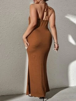 Women's Plus Size Curve Party Dress Wedding Guest Dress Bodycon Long Dress Maxi Dress Brown Long Sleeve Pure Color Backless Fall Winter Autumn Halter Neck Fashion Wedding Guest Vacation XL XXL 3XL -Casual Print Dress Sales cwqsrb1692165955397