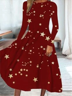 Women's Casual Dress Swing Dress Midi Dress Wine Long Sleeve Star Pocket Winter Fall Spring Crew Neck Fashion Christmas Daily Weekend 2022 S M L XL XXL 3XL