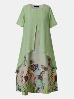 Women‘s Plus Size Curve Apple Shaped Dress Casual Dress A Line Dress Graphic Long Dress Maxi Dress Short Sleeve Fake Two Piece Print Crew Neck Fashion Daily Pink Green Spring Summer Dress -Casual Print Dress Sales cxbovh1677061018584