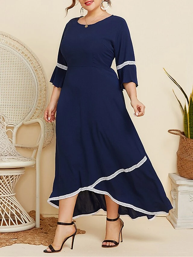 Women's Plus Size Curve Casual Dress Swing Dress A Line Dress Plain Long Dress Maxi Dress 3/4 Length Sleeve Patchwork Plus High Low Crew Neck Fashion Outdoor Dark Blue Fall Winter XL XXL 3XL 4XL 7 Women's Plus Size Curve Casual Dress Swing Dress A Line Dress Plain Long Dress Maxi Dress 3/4 Length Sleeve Patchwork Plus High Low Crew Neck Fashion Outdoor Dark Blue Fall Winter XL XXL 3XL 4XL - Image 7