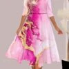 Women's Casual Dress Swing Dress A Line Dress Ombre Marble Print Print V Neck Midi Dress Fashion Streetwear Outdoor Daily 3/4 Length Sleeve Regular Fit Magenta Pink Blue Summer Spring S M L XL XXL