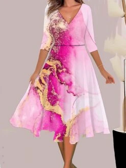 Women's Casual Dress Swing Dress A Line Dress Ombre Marble Print Print V Neck Midi Dress Fashion Streetwear Outdoor Daily 3/4 Length Sleeve Regular Fit Magenta Pink Blue Summer Spring S M L XL XXL