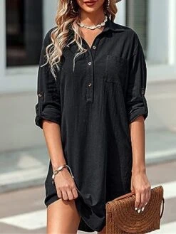 Women's Shirt Dress Casual Dress Mini Dress Outdoor Daily Cotton Linen Basic Classic Shirt Collar Button Pocket Long Sleeve Summer Spring Fall 2023 Loose Fit Black White Pink Pure Color S M L XL 2XL -Casual Print Dress Sales cxxlvg1691465498415