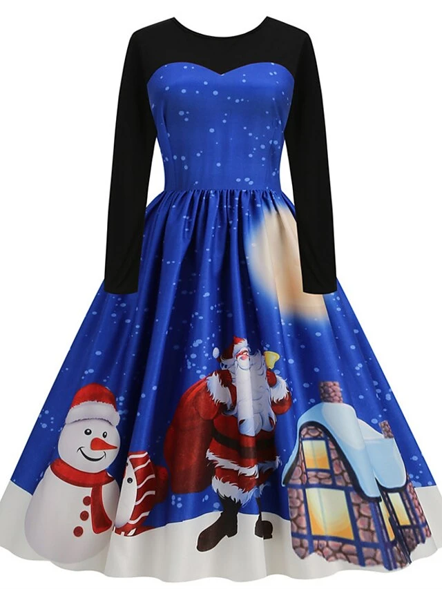 Women's Christmas Swing Dress Vintage DressKnee Length Dress Blue Royal Blue Light Blue Black Long Sleeve Santa Claus Elk Snowman Print Fall Winter Crew Neck Vacation Vintage 2022 S M L XL XXL 3XL 7 Women's Christmas Swing Dress Vintage DressKnee Length Dress Blue Royal Blue Light Blue Black Long Sleeve Santa Claus Elk Snowman Print Fall Winter Crew Neck Vacation Vintage 2022 S M L XL XXL 3XL - Image 7