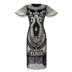 Women's Retro 1920s Fringe Dress Midi Dress Party Halloween Sequins Tassel Fringe Floral V Neck Short Sleeve Regular Fit Spring Fall 2023 Silver Black S M L XL -Casual Print Dress Sales cydrcj1692849706775