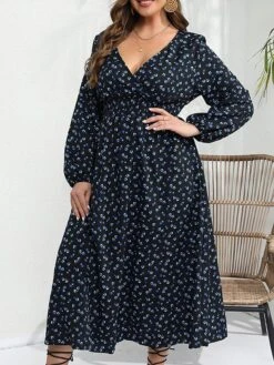 Women's Plus Size Curve Party Dress Wedding Guest Dress Swing Dress Midi Dress Dark Blue Long Sleeve Floral Print Spring Fall Winter V Neck Fashion Winter Dress Birthday Wedding Guest XL XXL 3XL 4XL -Casual Print Dress Sales czcofj1692171337502