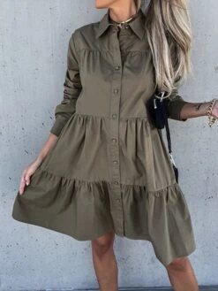 Women's Shirt Dress Casual Dress Swing Dress Midi Dress Outdoor Daily Vacation Cotton Basic Modern Shirt Collar Ruffle Button Long Sleeve Fall Winter 2023 Regular Fit ArmyGreen Black White Pure Color -Casual Print Dress Sales czdejb1695813927897
