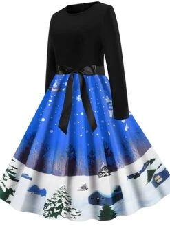 Women's Christmas Knee Length Dress Blue Purple Wine Gray Green Black Red Light Blue Long Sleeve Print Bow Print Fall Winter Round Neck Casual Vintage2021 S M L XL XXL -Casual Print Dress Sales czdgor1629971949577