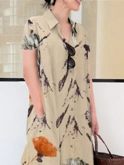 Women's Shirt Dress Casual Dress Shift Dress Maxi Long Dress Outdoor Daily Date Polyester Basic Modern Shirt Collar Button Pocket Short Sleeve Summer Spring 2023 Loose Fit Green Apricot Floral S M L -Casual Print Dress Sales czqnis1677232726351