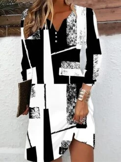 Women's Casual Dress Print Dress Spring Dress Geometric Color Block Button Print Split Neck Mini Dress Fashion Streetwear Outdoor Daily Long Sleeve Loose Fit Black And White Black White Summer Spring -Casual Print Dress Sales dbetqq1691147866961