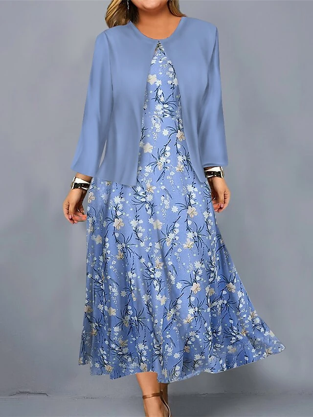 Women's Plus Size Curve Casual Dress Dress Set Two Piece Dress Floral Midi Dress Long Sleeve Print Crew Neck Mature Outdoor Blue Sky Blue Fall Winter L XL XXL 3XL 4XL 2 Women's Plus Size Curve Casual Dress Dress Set Two Piece Dress Floral Midi Dress Long Sleeve Print Crew Neck Mature Outdoor Blue Sky Blue Fall Winter L XL XXL 3XL 4XL - Image 2