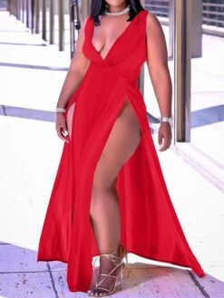 Women‘s Plus Size Curve Holiday Dress Solid Color V Neck Ruched Sleeveless Spring Summer Prom Dress Maxi Long Dress Daily Holiday Dress Split -Casual Print Dress Sales dbovcb1641980957254