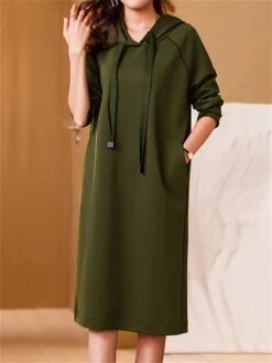Women's Casual Dress Hoodie Dress Midi Dress Active Daily Outdoor Going Out Weekend Hoodie Pocket Solid Color Loose Fit Black Pink Green M L XL XXL 3XL