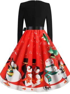 Women's Christmas Knee Length Dress Blue Purple Wine Gray Green Black Red Light Blue Long Sleeve Print Bow Print Fall Winter Round Neck Casual Vintage2021 S M L XL XXL -Casual Print Dress Sales dbvphc1629971945916