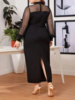 Women‘s Plus Size Curve Work Dress Sheath Dress Black Dress Fashion Mesh Sleeve Long Dress Maxi Dress Mesh Stand Collar Long Sleeve Plain Regular Fit Black Spring Fall L XL XXL 3XL 4XL -Casual Print Dress Sales dbxbvo1692089936468