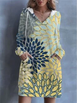 Women's Casual Dress Hoodie Dress Shift Dress Floral Pocket Drawstring Hooded Mini Dress Fashion Streetwear Outdoor Daily Long Sleeve Loose Fit Yellow Light Green Pink Spring Fall S M L XL XXL