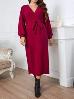Women‘s Plus Size Curve Work Dress Sheath Dress Semi Formal Dress Fashion Midi Dress Lace Up Split V Neck Long Sleeve Plain Regular Fit Wine Spring Fall XL XXL 3XL 4XL -Casual Print Dress Sales dcesax1692089854573
