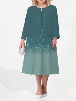 Women's Plus Size Curve Two Piece Dress Set Casual Dress Swing Dress Outdoor Office Fashion Streetwear Print Midi Dress Crew Neck Long Sleeve Floral Ombre Blue Purple Green Fall Winter L XL XXL -Casual Print Dress Sales dcgwrl1692942822507