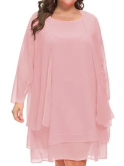 Women‘s Plus Size Curve Casual Dress Solid Color Crew Neck Mesh Long Sleeve Spring Fall Casual Knee Length Dress Daily Vacation Dress