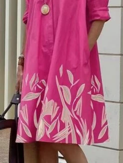 Women's Shirt Dress Casual Dress Maxi Long Dress Office Daily Date Polyester Fashion Modern Shirt Collar Patchwork Print 3/4 Length Sleeve Summer Spring Fall 2023 Regular Fit Pink Orange Leaf Color -Casual Print Dress Sales dciwkp1682675589339