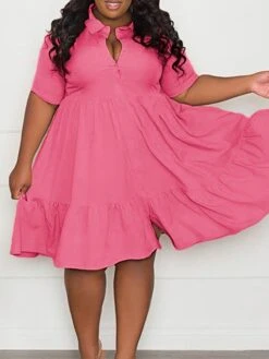 Women‘s Plus Size Curve Shirt Dress Solid Color Shirt Collar Ruffle Half Sleeve Spring Summer Casual Knee Length Dress Daily Holiday Dress -Casual Print Dress Sales ddonso1656491038669