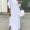 Women's Shirt Dress Casual Dress Shift Dress Maxi Long Dress Outdoor Daily Vacation Polyester Fashion Modern Shirt Collar Button Split Long Sleeve Summer Spring Fall 2023 Loose Fit White Blue Green