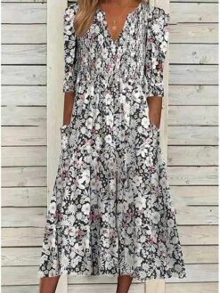 Women's Casual Dress Midi Dress Black Short Sleeve Floral Print Spring Summer V Neck Basic 2023 S M L XL XXL 3XL