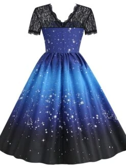 Women's Christmas Knee Length Dress Blue Purple Wine Green Black Red Short Sleeve Print Lace Print Fall Winter Round Neck CasualRegular Fit 2021 S M L XL XXL 3XL -Casual Print Dress Sales dfcoox1632737571740