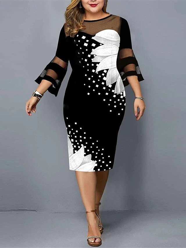 Women‘s Plus Size Curve Work Dress Sheath Dress Floral Midi Dress 3/4 Length Sleeve Mesh Print Crew Neck Elegant Outdoor White Yellow Spring Summer L XL XXL 3XL 4XL 1 Women‘s Plus Size Curve Work Dress Sheath Dress Floral Midi Dress 3/4 Length Sleeve Mesh Print Crew Neck Elegant Outdoor White Yellow Spring Summer L XL XXL 3XL 4XL
