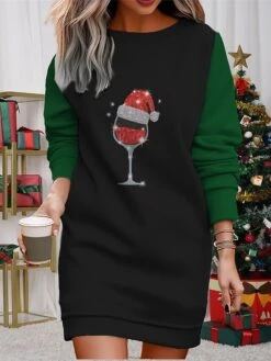 Women's Christmas Casual Dress Sweatshirt Dress Mini Dress Warm Fashion OutdoorVacation Crew Neck Printhat Loose Fit Black Wine Red S M L XL XXL -Casual Print Dress Sales dfsxqz1695365297668