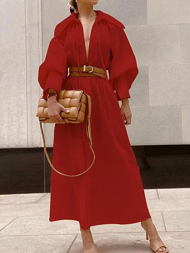 Women's Casual Dress Plain Dress Long Dress Maxi Dress Lace Up Ruched Work Daily Date Active Fashion V Neck Long Sleeve 2023 Loose Fit Black Yellow Red Color S M L XL Size 2 Women's Casual Dress Plain Dress Long Dress Maxi Dress Lace Up Ruched Work Daily Date Active Fashion V Neck Long Sleeve 2023 Loose Fit Black Yellow Red Color S M L XL Size - Image 2