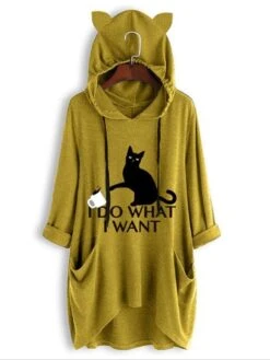 Women's Casual Dress Hoodie Dress Print Dress Cat Letter Pocket Print Hooded Mini Dress Active Fashion Outdoor Daily Long Sleeve Loose Fit Yellow Pink Blue Fall Winter S M L XL XXL -Casual Print Dress Sales dgncji1693209266748