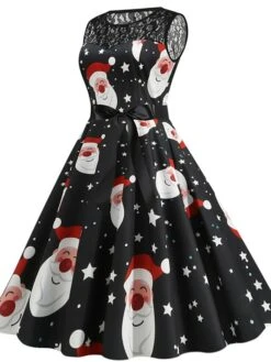 Women's Christmas Party Dress Lace Dress Midi Dress Black Sleeveless Santa Claus Print Hat Lace Ruched Bow Winter Fall Crew Neck Vintage Party 2022 S M L XL 2XL -Casual Print Dress Sales dgohig1666258265945