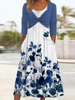 Women's Casual Dress A Line Dress Summer Dress Floral Color Block Ruched Pocket Crew Neck Midi Dress Active Fashion Outdoor Daily Half Sleeve Loose Fit White Green Summer Spring S M L XL XXL