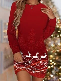 Women's Sweatshirt Dress Shift Dress Wine Red Long Sleeve Elk Print Winter Fall Autumn Fashion Christmas Daily Loose Fit 2022 S M L XL XXL 3XL